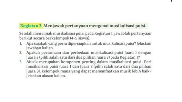Soal buku Bahasa Indonesia Kelas 11 halaman 119 Kurikulum Merdeka - Kunci jawaban Bahasa Indonesia Kelas 11 halaman 119 Kurikulum Merdeka, Kegiatan 2 soal musikalisasi Puisi, Bab 4 Menulis Puisi yang Menginspirasikan. 