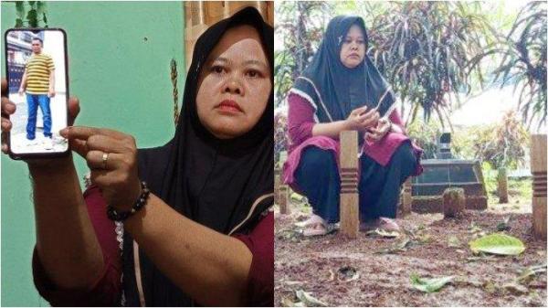 KASUS KEMATIAN DARSO - (Kanan) Foto Darso semasa masih hidup dan (Kanan) Poniyem berziarah ke makam Darso suaminya yang diduga menjadi korban penganiayaan polisi, Kota Semarang, Sabtu (11/1/2025).