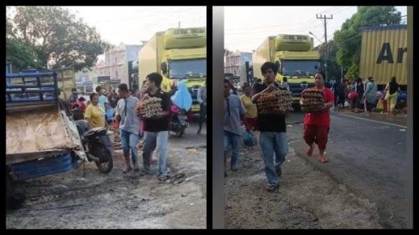 WARGA JARAH TELUR - Warga berebut memunguti telur yang tercecer di jalan setelah kecelakaan mobil pick-up beredar viral di media sosial. <div class=
