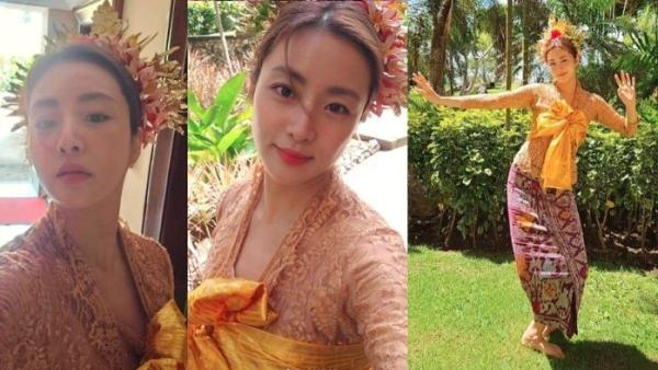 ARTIS KOREA LIBURAN - Foto artis Korea Selatan, Kang Sora, saat liburan di Bali, diolah dari Instagram @reveramess_, Jumat (7/3/2025). Kang Sora mengenakan kebaya saat berlibur di Bali.