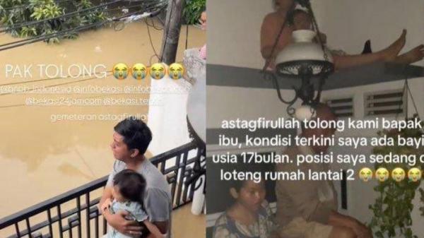 BANJIR DI BEKASI - Tangkapan layar unggahan akun TikTok @ayudesstaarinii. Bayi terjebak di loteng rumah gara-gara banjir di Bekasi, Selasa (4/3/2025). Kabar bayi 17 bulan terjebak di Loteng saat banjir Bekasi, gemetaran nunggu dievakuasi. 