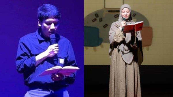 BACA PUISI - Penampilan presenter Desta saat membaca puisi karya Natasha Rizky, mantan istrinya. Suara bergetar bak tahan tangis, Kamis (20/2/2025).