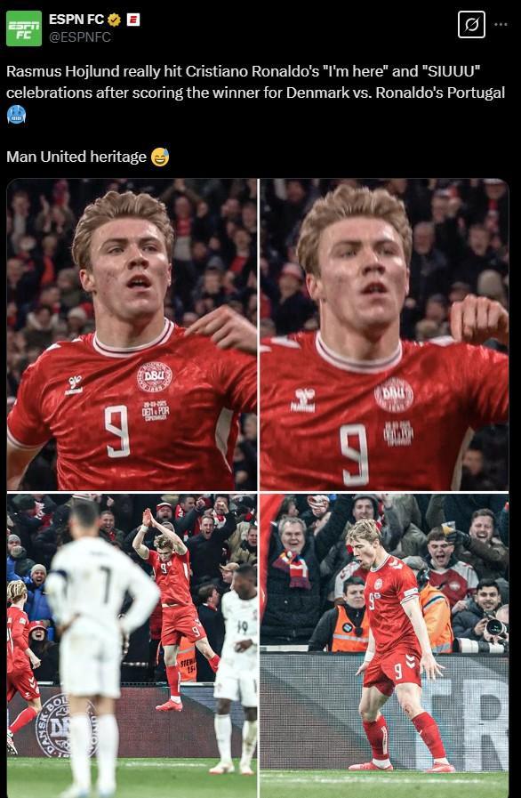 SELEBRASI SIU - Penyerang Denmark, Rasmus Hojlund pamer selebrasi Siu saat kalahkan Portugal di perempat final UEFA Nations League 2024/2025, Jumat (21/3/2025) dini hari WIB. (Tangkapan layar Twitter ESPN)