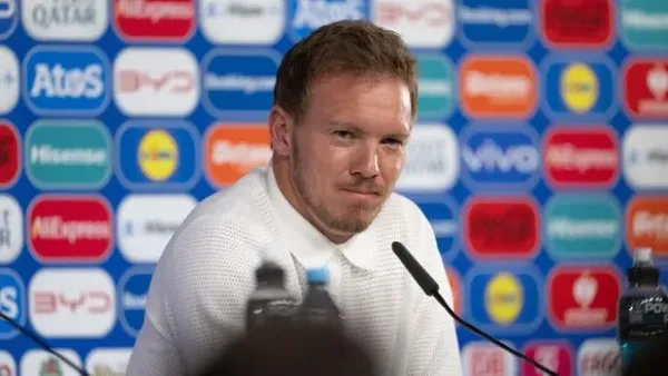 STUTTGART, GERMANY - JULY 04: Julian Nagelsmann, Head coach of Germany attends a press conference before the Quarter Final Match between Spain and Germany at Stuttgart Arena on July 04, 2024 in Stuttgart, Germany. <div class=