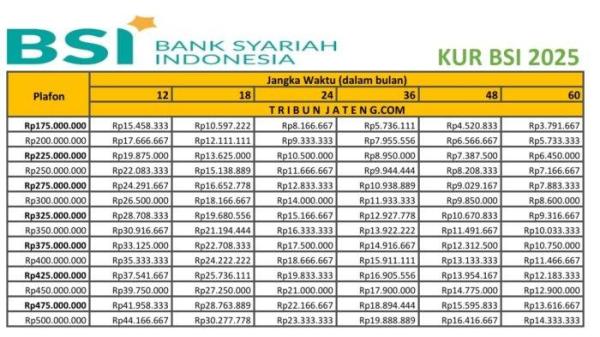 tabel angsuran KUR BSI 2025 plafon Rp 150 Juta - Rp 500 Juta