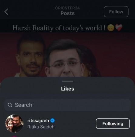 Rohit Sharma's Wife Ritika Sajdeh 'Likes' Post Calling Dhanashree Verma a 'Gold Digger' for Taking ₹4.75 Crore Alimony from Yuzvendra Chahal