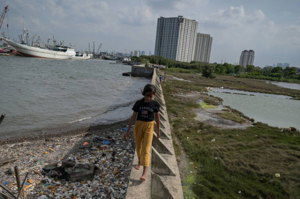 Seorang anak berjalan di tanggul laut dekat permukiman pesisir kawasan Muara Baru, Jakarta, Jumat (3/1/2025). Foto: ANTARA FOTO/Fauzan