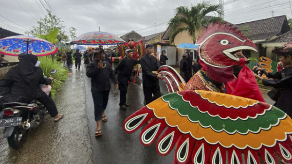 Di bawah rintik hujan, ritual adat Barong Ider Bumi kembali digelar dengan khidmat di Desa Kemiren, Kecamatan Glagah, Kabupaten Banyuwangi, Jawa Timur, pada Selasa (1/4/2025). Foto: kumparan
