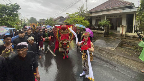 Di bawah rintik hujan, ritual adat Barong Ider Bumi kembali digelar dengan khidmat di Desa Kemiren, Kecamatan Glagah, Kabupaten Banyuwangi, Jawa Timur, pada Selasa (1/4/2025). Foto: kumparan