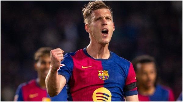 SELEBRASI BARCA - Pemain Barcelona FC Dani Olmo melakukan selebrasi setelah mencetak gol penalti ke gawang Osasuna pada pertandingan tunda pekan ke-28 Liga Spanyol 2024/2025 di Stadion Olimpiade Lluís Companys, Jumat (28/3/2025). <div class=