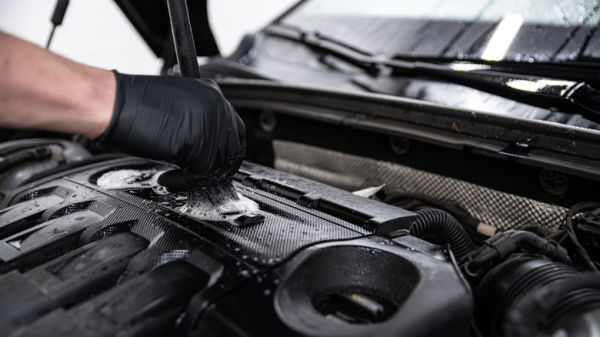 Professional detailer cleaning an engine
