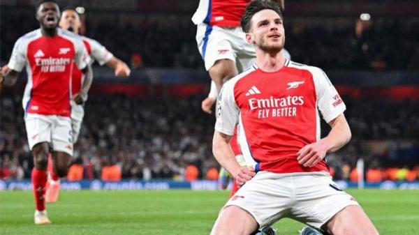 SELEBRASI - Pemain Arsenal, Declan Rice merayakan gol setelah mencetak gol ke gawang Real Madrid pada perempat final Liga Champions di Emirates Stadium, Rabu (9/4/2025). Arsenal menang dengan skor telak 3-0 atas Real Madrid. (Foto diambil dari Instagram Arsenal pada Rabu (9/4/2025).