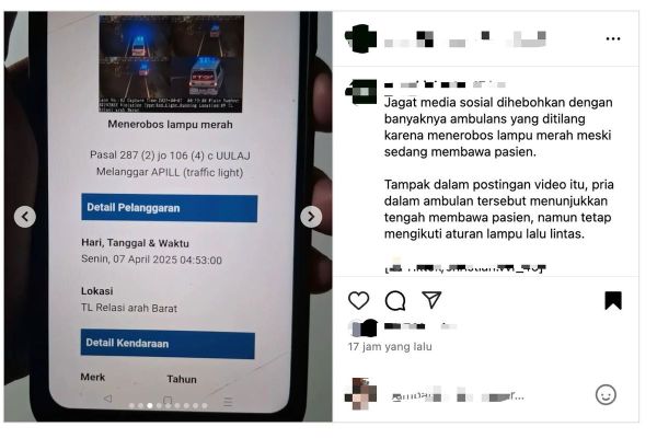 Tangkapan layar ETLE dari mobil ambulans yang kena tilang di wilayah Jakarta.