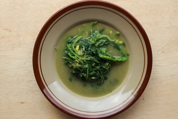 Sayur Bobor Bayam or Spinach coconut milk soup is made from spinach. Indonesian homemade food