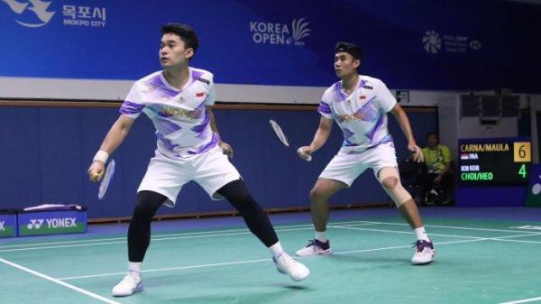 Ganda putra Indonesia, Bagas Maulana/Leo Rolly Carnando, menang atas Choi Sol Gyu/Heo Kwang Hee (Korea Selatan), dalam babak perempat final Korea Open 2024, Jumat (30/8/2024) di Mokpo Indoor Stadium.