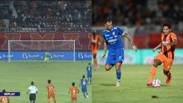 AKSI LAGA BORNEO FC VS PERSIB - Cuplikan aksi sepakan berjarak 10 meter Kenzo Nambu (kiri) dan aksi Tyronne del Pino (kanan) di laga Borneo FC kontra Persib Bandung di Stadion Segiri, Samarinda, Jumat (11/4/2025). BREAKING NEWS Borneo FC kontra Persib Bandung, no look shoot Tyronne del Pino pecundangi sepakan 10 meter Kenzo Nambu, skor 1-2.