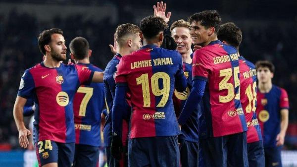 Momen selebrasi pemain Barcelona setelah mencetak gol ke gawang Real Betis pada 16 besar Copa Del Rey 2024/2025, Kamis (16/1/2025).