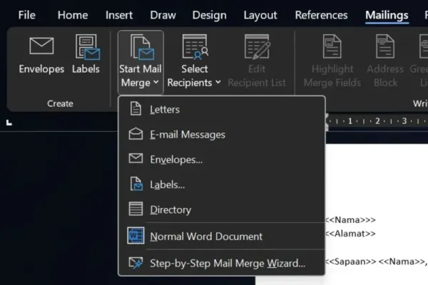 Mail merge di Microsoft Word
