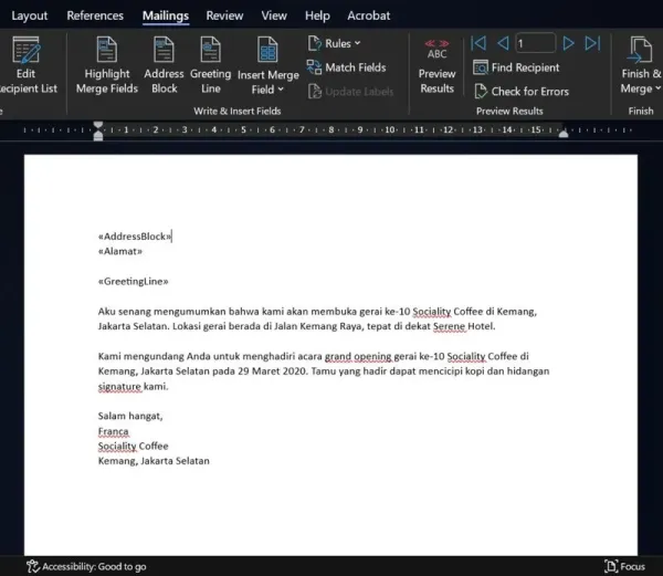 Mail merge di Microsoft Word