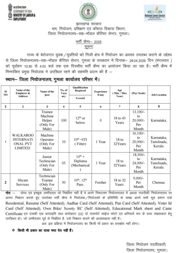 Gumla Rojgar Mela Notice