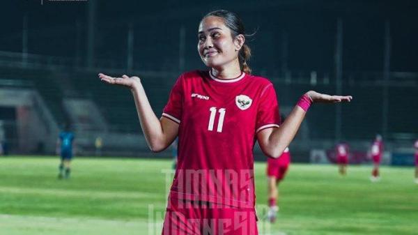 Selebrasi gelandang Timnas Putri Indonesia, Sydney Hooper saat melawan Kamboja di Piala AFF Wanita 2024, Kamis (5/12/2024) malam WIB.
