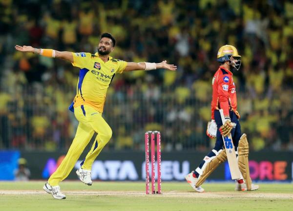 Chennai Super Kings‘ Khaleel Ahmed celebrates the dismissal of Punjab Kings‘ Priyansh Arya. Chennai Super Kings‘ Khaleel Ahmed celebrates the dismissal of Punjab Kings‘ Priyansh Arya.