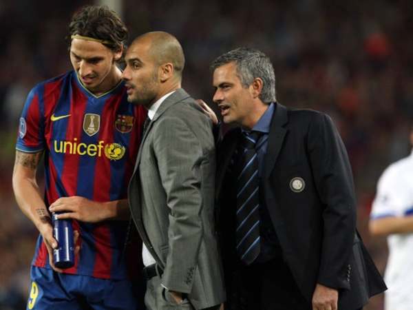 Pep Guardiola, Jose Mourinho, Zlatan Ibrahimovic. Barcelona versus Inter Milan on April 28, 2010