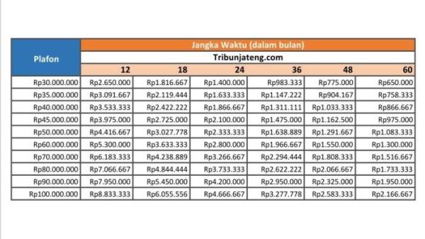 tabel angsuran KUR BRI RP 30 Juta - Rp 100 Juta 