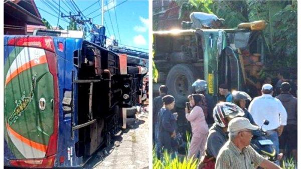 KECELAKAAN BUS ALS - Bus Antar Lintas Sumatera (ALS) mengalami kecelakaan di Kota Padang Panjang, Sumatera Barat, Selasa (6/5/2025).  