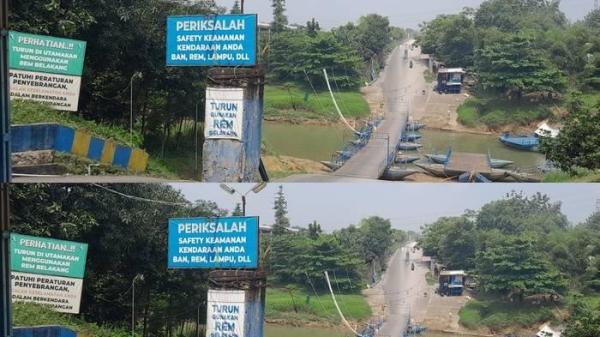 JEMBATAN HAJI ENDANG - Jembatan perahu yang dibangun Muhammad Endang Junaedi dan menjadi jalan pintas warga Desa Anggadita, Kecamatan Klari, dan Desa Parungmulya, Kecamatan Ciampel.