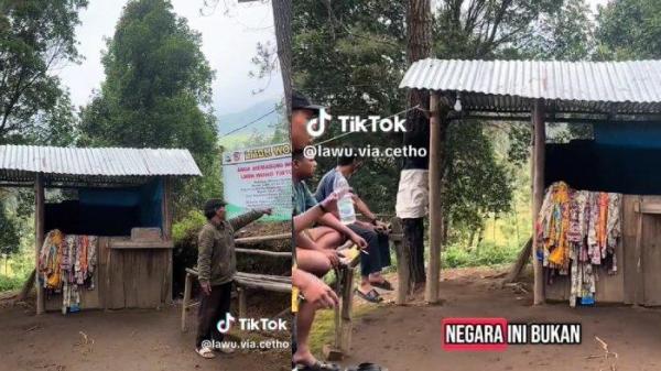 VIRAL DI GUNUNG LAWU. Tangkapan layar video petugas pendakian Gunung Lawu via Ceto mengecek lokasi sewa kain Rp 5 ribu oleh petugas LMDH Desa Anggramanis, Kecamatan Jenawi, Kabupaten Karanganyar. Akan ada mediasi terkait persoalan ini.