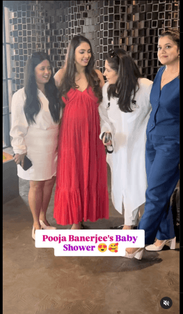 Tv actor Pregnant Pooja Banerjee radiates in red, cradles baby bump at her baby shower (Pics)
