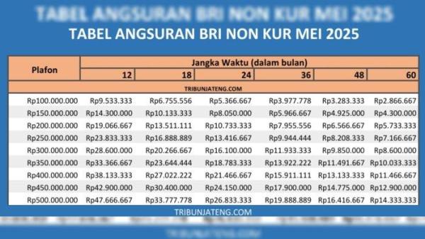 Tabel Angsuran Non KUR BRI 2025 Rp 100 Juta - Rp 500 Juta
