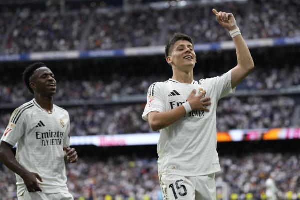 Real Madrid's Arda Guler celebrates after scoring a goal during the La Liga Week 34 match between Real Madrid and Celta Vigo at Santiago Bernabeu Stadium in Madrid, Spain on May 4, 2025. (AA Photo)