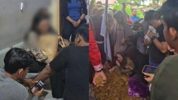 3 BALITA TERBAKAR - Selebgram SA asal Kendari menangis pilu di pemakaman anaknya, Rabu (7/5/2025). Tiga buah hatinya tewas dalam kebakaran yang terjadi di rumah mereka.