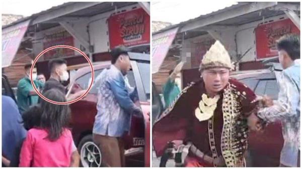 PENGANTIN DIBACOK -- Tangkap layar unggahan di akun instagram @Palembang _news1, Minggu (11/5/2025). Memperlihatkan seorang pengantin di Palembang yang baru turun dari mobil tiba-tiba dibacok oleh seorang pria. Korban harus dilarikan ke rumah sakit.
