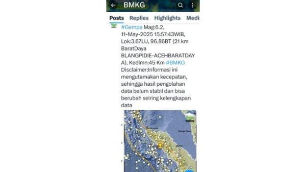 Gempa berkekuatan 6,2 Magnitudo yang terjadi di Blang Pidie, Aceh Barat Daya terasa hingga ke Kota Sidikalang, Kabupaten Dairi Sumatera Utara, Minggu (11/5/2025) .