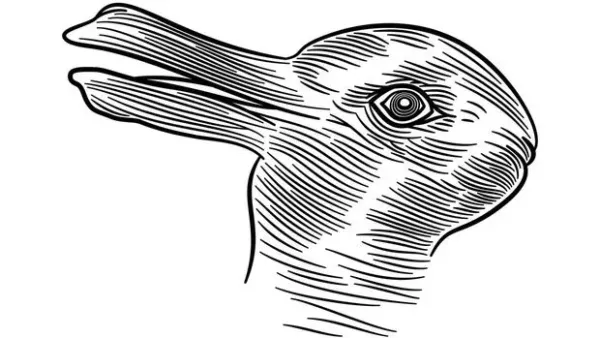 Rabbit-duck illusion. An Ambiguous image, reversible figure, and optical illusion in which a rabbit or a duck can be seen. After an unattributed drawing and earliest known version from 1892. Vector.