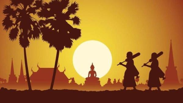BIKSU- Ilustrasi beberapa biksu yang melakukan perjalanan panjang dengan latar patung Buddha di kejauhan.