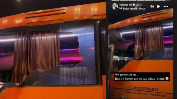 BUS PERSIK - Kondisi bus Persik Kediri setelah dilempari batu oleh oknum suporter setelah pertandingan Arema FC vs Persik Kediri di Stadion Kanjuruhan, pada Minggu (11/5/2025) malam WIB. (Tangkapan Layar Instagram Ze Valente).