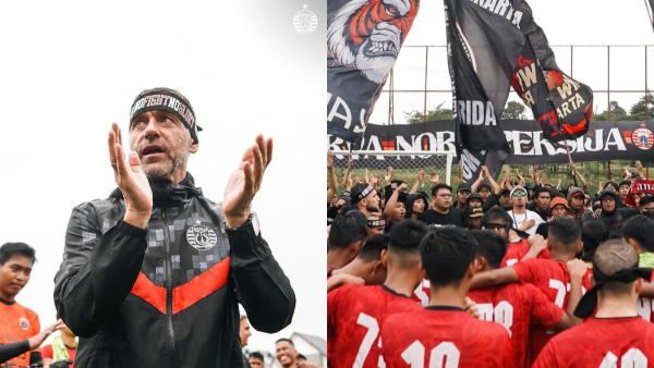 Kolase foto pelatih Persija Jakarta, Thomas Doll (kiri) dan sesi latihan Macan Kemayoran jelang lawang Persib Bandung di pekan ke-28 Liga 1 2023 yang didatangi langsung oleh Jakmania (kanan).