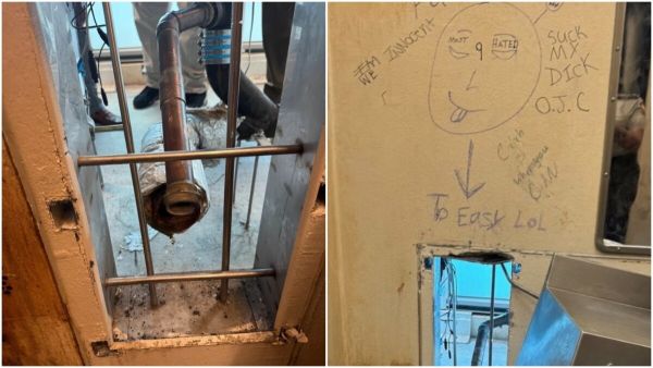 New Orleans Jailbreak: The hole in the wall and the graffiti that the escapees left behind.