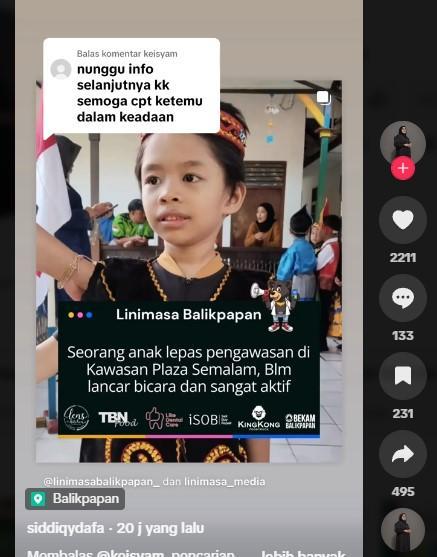 ANAK HILANG : Tangkapan layar dari TIKTOK @siddiqydafa pada Sabtu (17/5/2025) - Wajah Izmael anak hilang yang hilang di kawasan Plaza Balikpapan