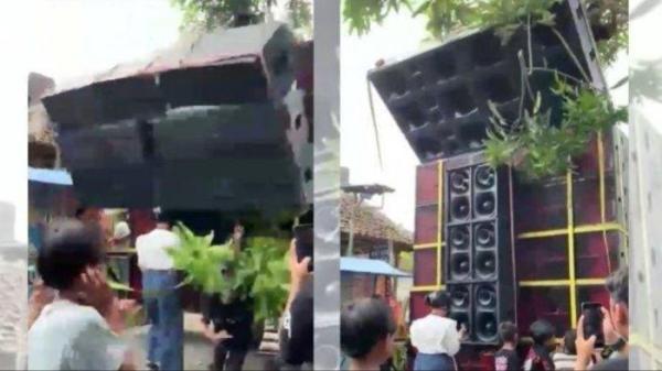 KEJATUHAN SOUND HOREG - Tangkapan layar video viral detik-detik seorang gadis kejatuhan sound horeg dari ketinggian 5 meter.