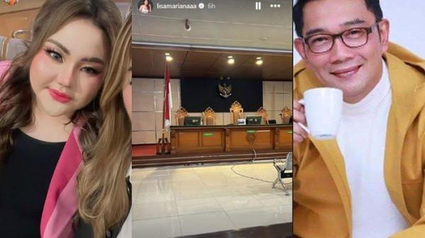 LISA MARTIANA VS RIDWAN KAMIL - Lisa Mariana duduk sendiri di Pengadilan Negeri Bandung lantaran Ridwan Kamil absen di sidang perdana, Senin (19/5/2025).