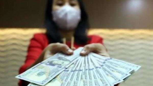 Petugas menunjukkan uang rupiah dan dolar AS di salah satu gerai penukaran mata uang asing di Masagung Money Changer, Jakarta Pusat
