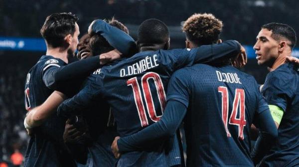 Para pemain Paris Saint-Germain (PSG) merayakan gol ke gawang Aston Villa pada leg 1 babak perempat final Liga Champions di Parc des Princes Stadium, Kamis (10/4/2025). PSG berhasil menang dengan skor 3-1. (Foto diambil dari Instagram resmi klub pada Kamis, 10 April 2025).