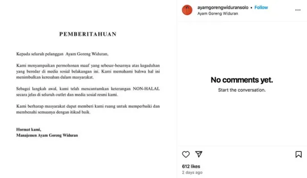 Klarifikasi Ayam Goreng Widuran Solo Terkait Menu Non-Halal