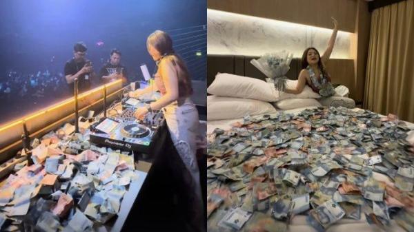 BANJIR SAWERAN - DJ Nathalie Holscher banjir saweran saat tampil di salah satu klub malam di Banjarmasin, dicapture (25/5/2025). Janda komedian Sule pamer uang saweran berhamburan penuhi ranjang.