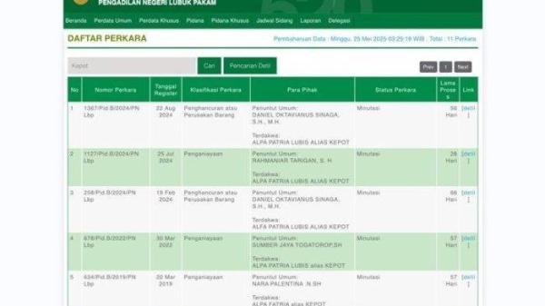 Data di Sistem Informasi Penelusuran Perkara (SSIP) Pengadilan Negeri Lubuk Pakam